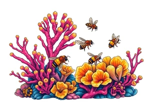 Coral reef scene with honey bees swimming tattoo idea