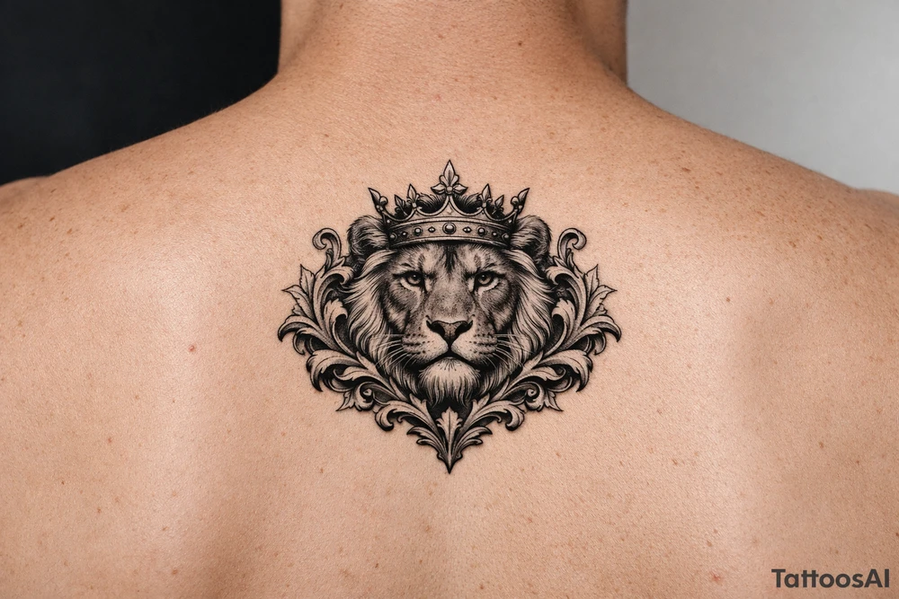 powerful majestic lion with a crown, framed by ornate floral scrollwork tattoo idea