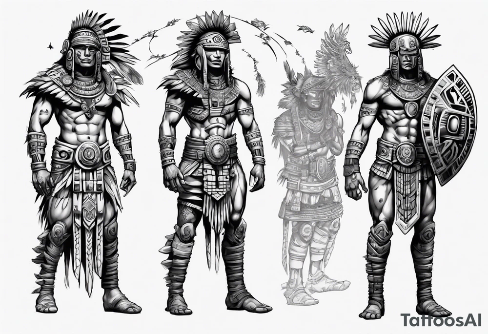 Aztec cyber warrior standing tall after a battle in a field under the moon tattoo idea