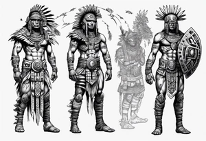 Aztec cyber warrior standing tall after a battle in a field under the moon tattoo idea
