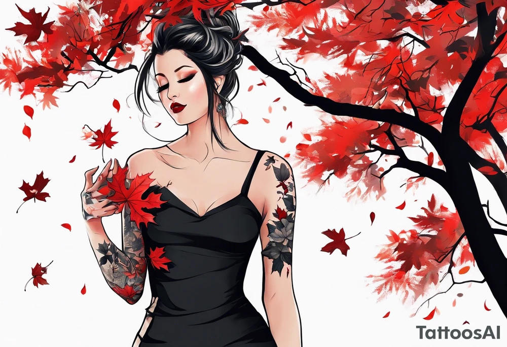 trash polka style. Arm tattoo. chest tattoo. Long tattoo. large tattoo. Full sleeve. Shoulder. A single large maple tree with red autumn leaves that branches upwards from wrist to shoulder. White-throated dipper bird on the trees branches. Calluna flowers at the base of the trees stem. Leaves falling. tattoo idea
