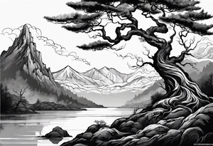 Tree reaching up to shoulder with roots going all the way down to the wrist. Mountain, water, and demon elements tattoo idea