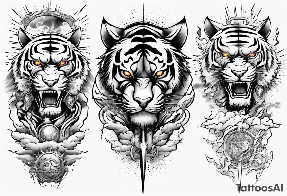 tiger warrior with lightning and the sun for a forearm sleeve tattoo idea