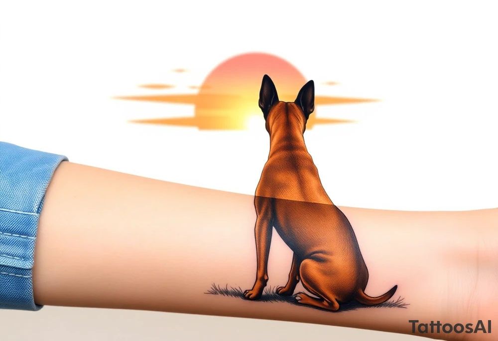a black merle Australian cattle dog and a tan pitbull standing looking out over into the sunset tattoo idea
