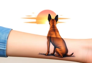 a black merle Australian cattle dog and a tan pitbull standing looking out over into the sunset tattoo idea