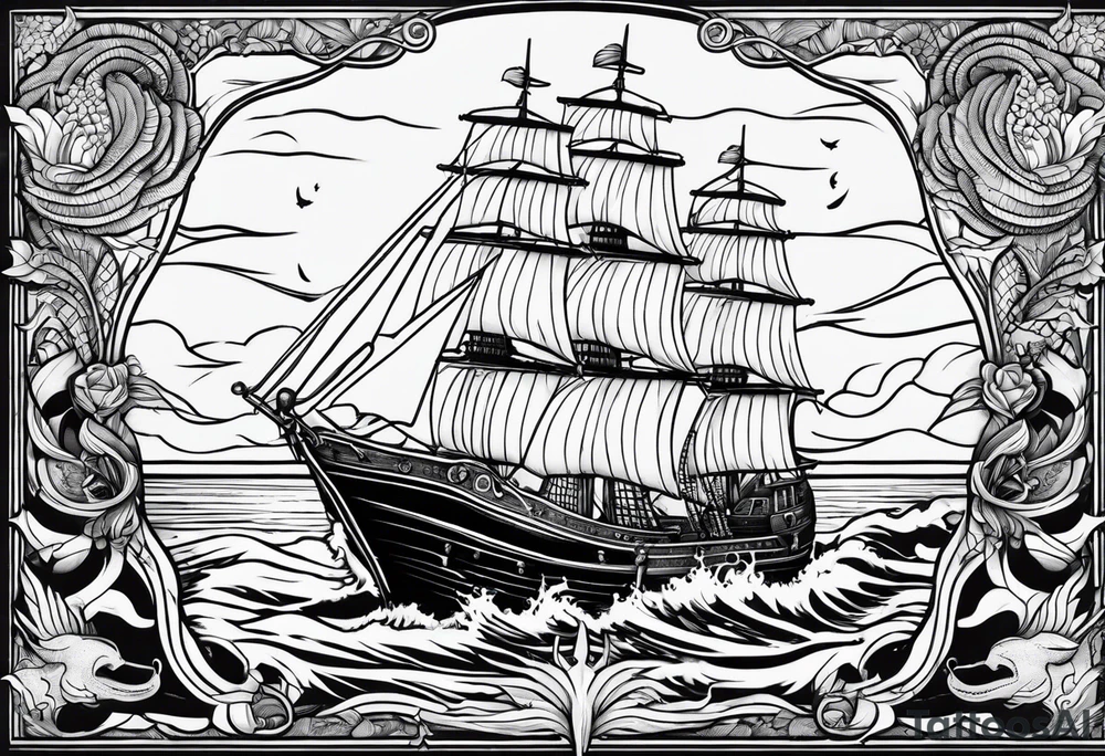 A American traditional tattoo style ship sinking with a mermaid on the right holding a rope and the mermaid on the left holding a dagger tattoo idea