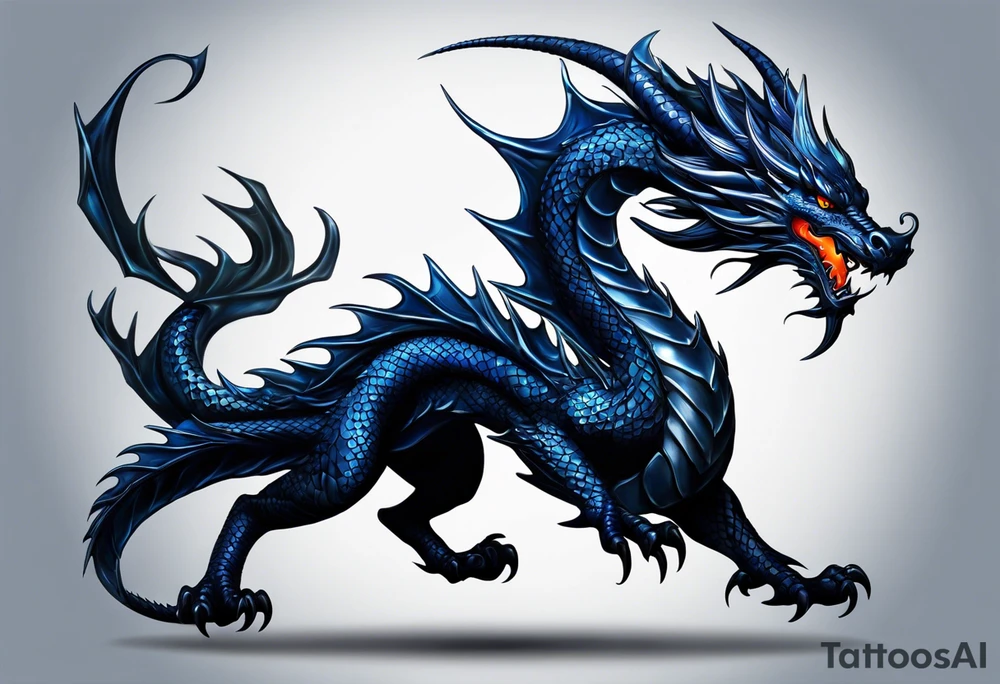 An epic floating dragon. Its long body coiling dynamically, with scales and horns detailed to create a sense of movement and strength. The dragon's main color is midnight blue, giving a vibrant depth and a mystical aura. This tattoo highlights the dragon’s fierce expression and sharp claws. tattoo idea