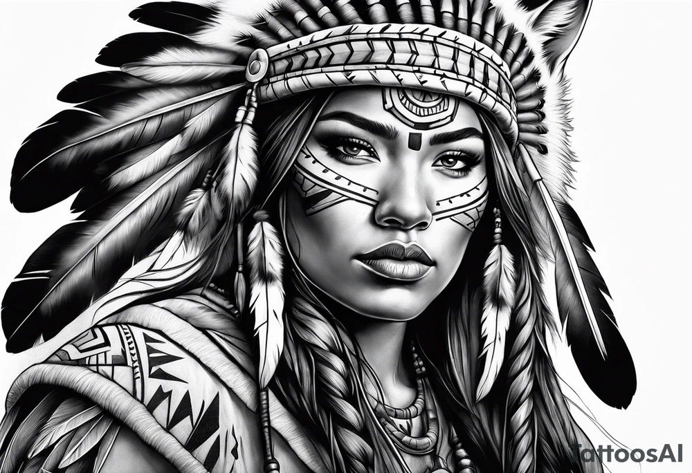 Female Native American warrior with wolf head hat tattoo idea Female Native American warrior with wolf head hat tattoo idea