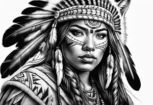 Female Native American warrior with wolf head hat tattoo idea