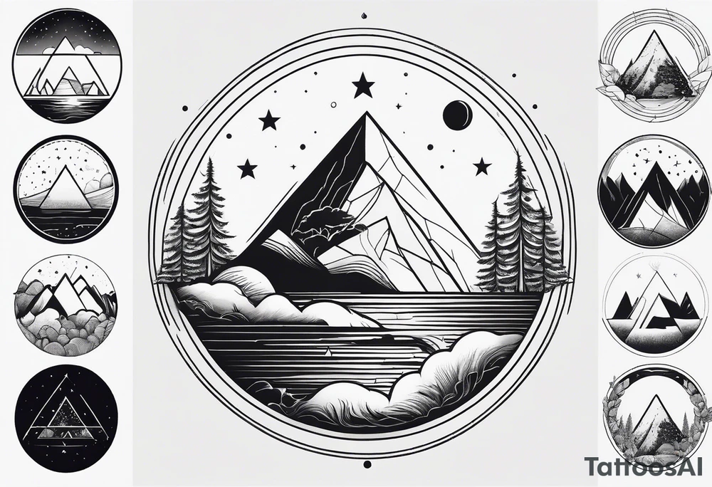 simple thick line art of space and nature in triangle shape and negative space tattoo idea