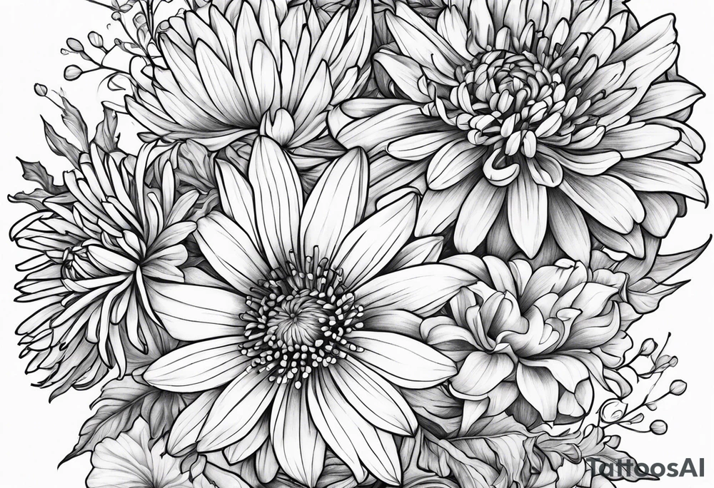 Asters, lillies, and chrysanthemums in a long line tattoo idea
