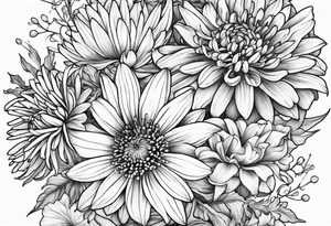 Asters, lillies, and chrysanthemums in a long line tattoo idea