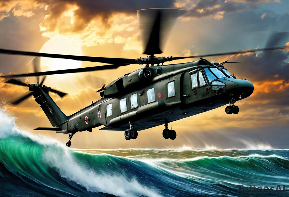 A cinematic-style tattoo depicting a Canadian military CH-148 Cyclone helicopter performing a daring maneuver over a turbulent ocean. The sky should be filled with dramatic clouds, and the sun should be setting, casting long shadows. The helicopter should be the main focus, with intricate details and a sense of motion. In the background, a poppy should be prominently displayed, and a quote from 'Lest We Forget' should be included, black and white tattoo idea