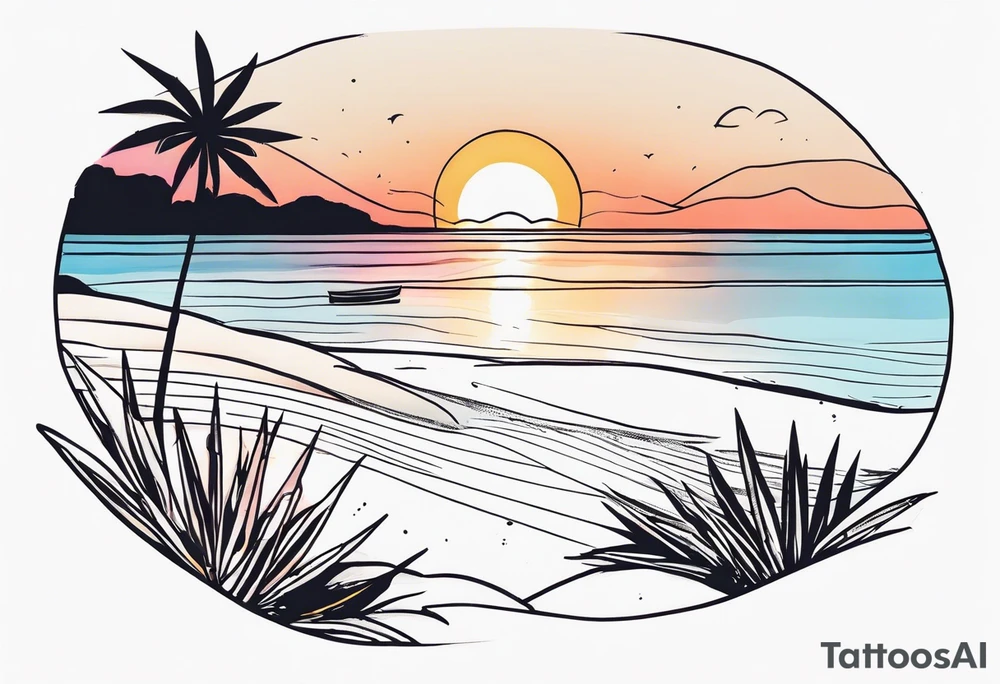 negative space linework canaba on a beach at sunset tattoo idea
