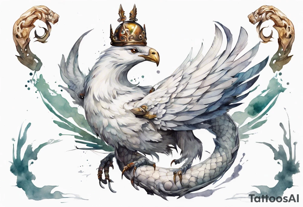 a white bird-serpent hybrid, wearing an iron crown on its head tattoo idea