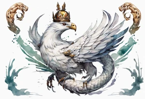 a white bird-serpent hybrid, wearing an iron crown on its head tattoo idea