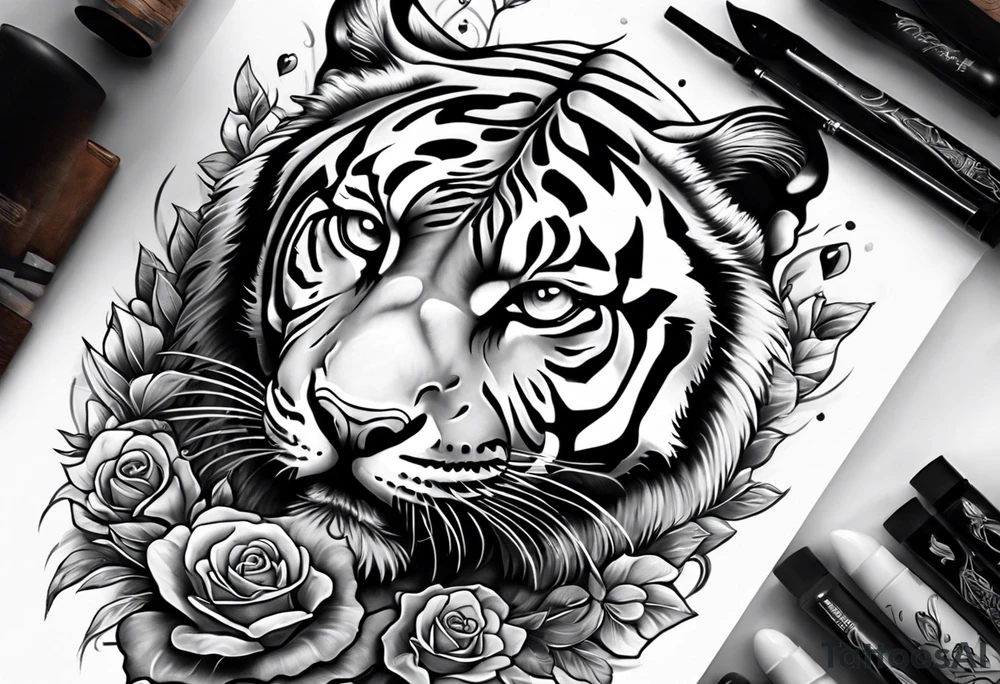 King tiger on top of Hour glass with Brain and heart inside
Full detailed sleeve tattoo idea