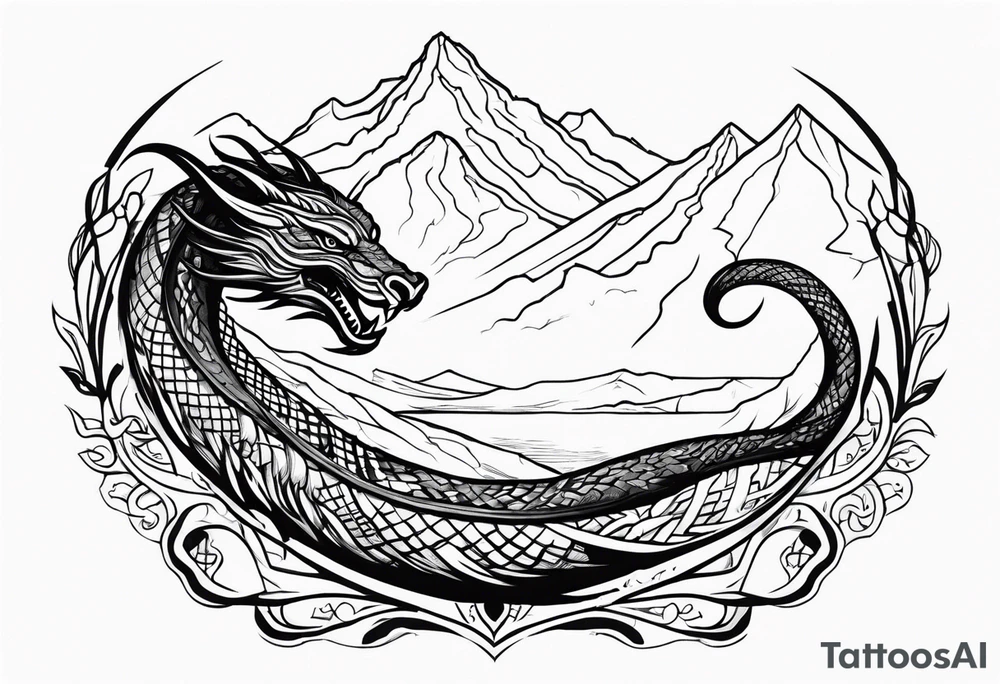jörmungandr around the arm with mountains tattoo idea