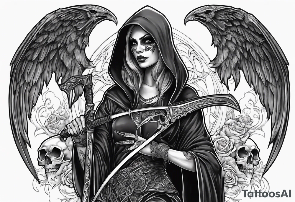 Lady grim reaper with wings, scythe and skulls tattoo idea