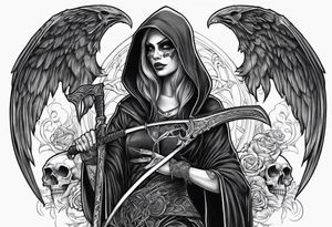Lady grim reaper with wings, scythe and skulls tattoo idea