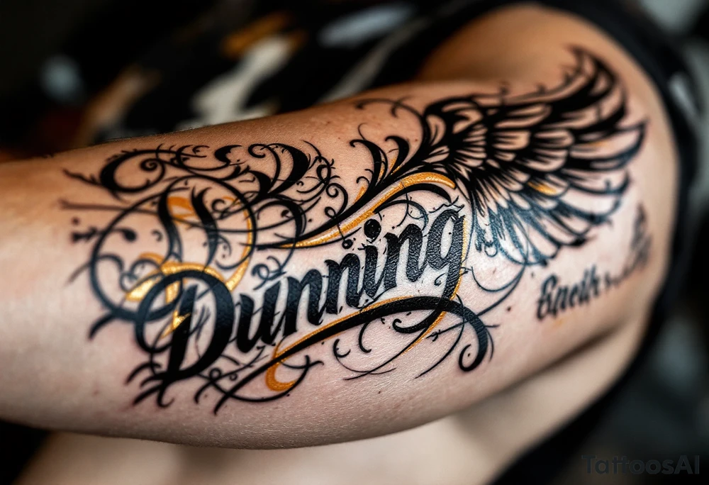 Dunning, left arm details include bold strong font, gold highlights, theme of wealth and angel wings, tattoo idea