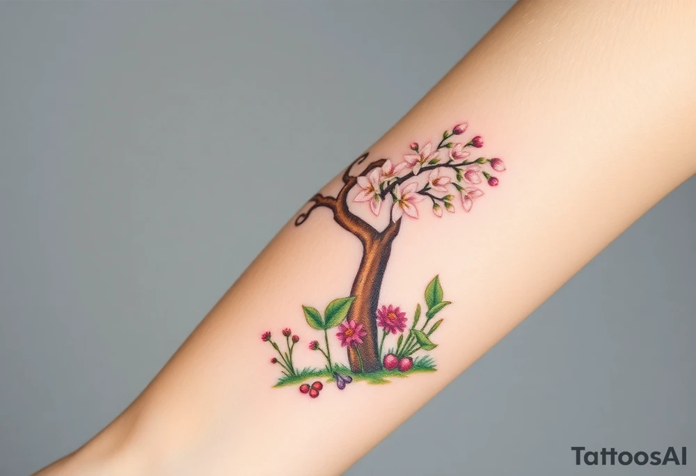 Lilly of the vally plants underneath a blooming hawthorn tree with other plants on ground tattoo idea