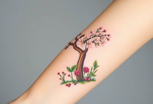 Lilly of the vally plants underneath a blooming hawthorn tree with other plants on ground tattoo idea