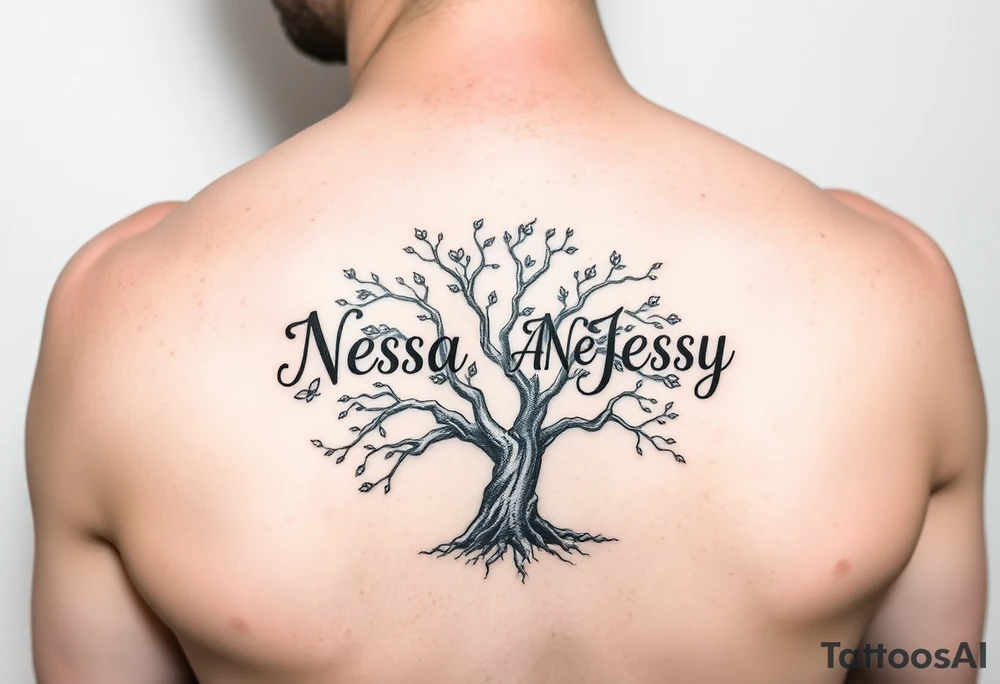 the name Nessa, Anne, Jessy
 on a live tree tattoo idea