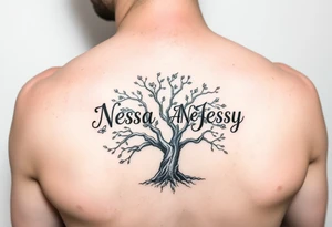 the name Nessa, Anne, Jessy
 on a live tree tattoo idea