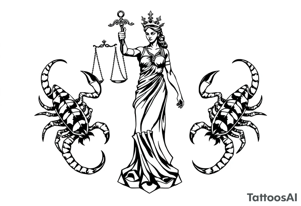 The figure of Lady Justice next to two Scorpions tattoo idea