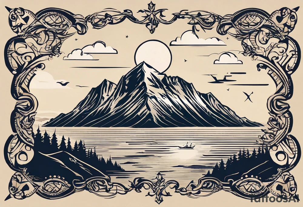 Let the coordinates 35.331° N, 33.429° E be written, next to it should be a mountain, sun, sea and tree icon, the letters of the coordinate should be capitalized and the numbers next to it should be written from top to bottom. tattoo idea