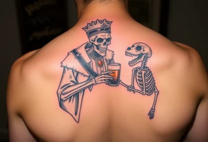 evil skeleton king in clothes having a good time getting drunk with skeleton dog tattoo idea