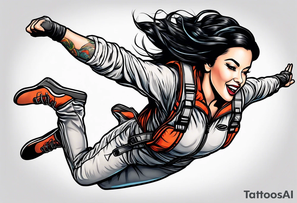 Black haired Woman skydiver jumping from plane with parachute tattoo idea