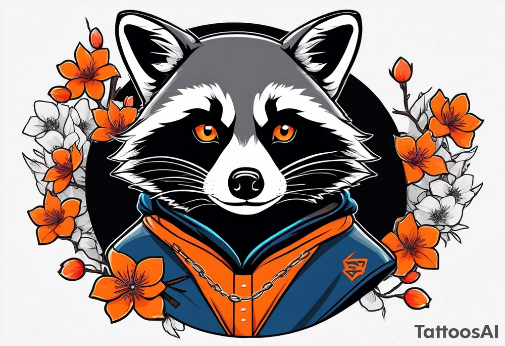 Raccoon wearing a white Superman logo on a black hoodie and orange Japanese cherry blossoms beside tattoo idea