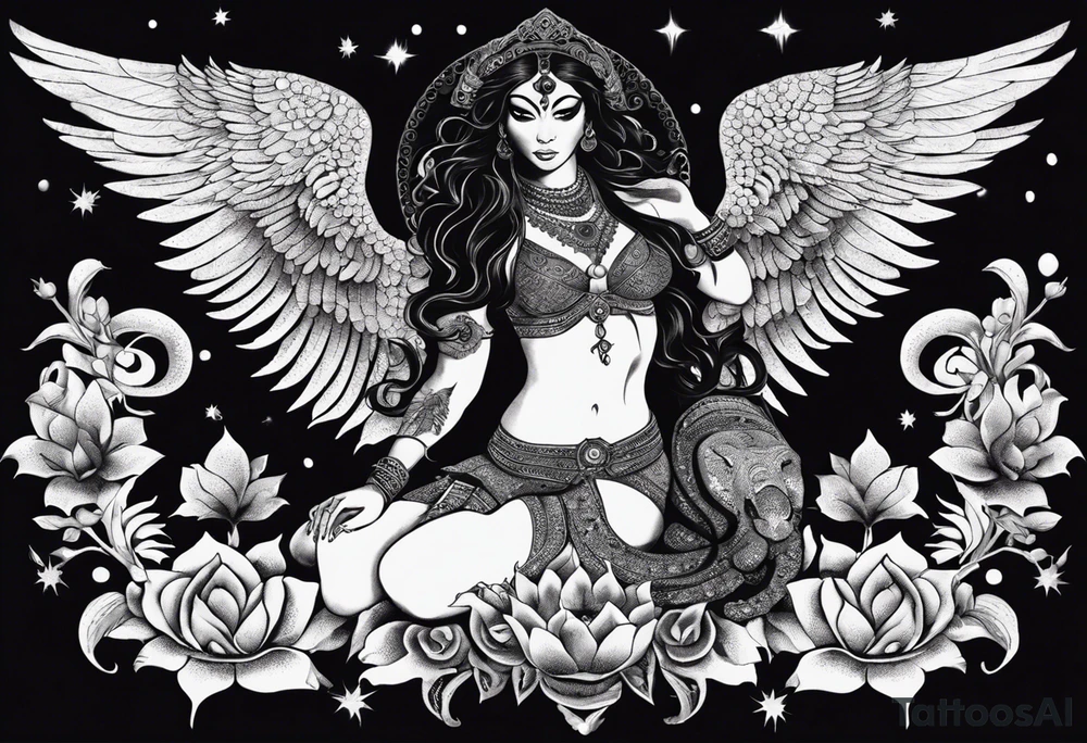 black kali, goddess pirate, alien, angel, pachamama, valkrye, warrior, flying, skull, lotus azul, wing, eagle, zenza resonance, stars, 5D, anahata chakra, death, durga, riding on a tiger, flying lady, kundalini, chest tatoo, samuri, rebel, serpent tattoo idea