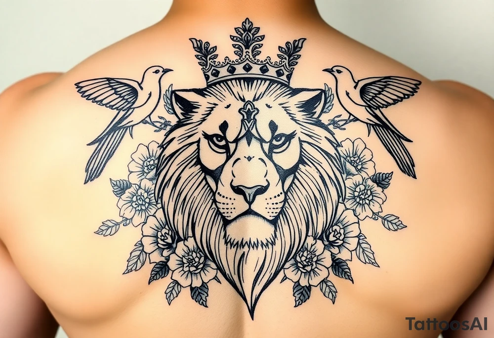 powerful majestic lion with a crown, surrounded by floral ornaments and birds tattoo idea