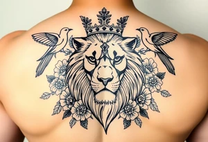 powerful majestic lion with a crown, surrounded by floral ornaments and birds tattoo idea