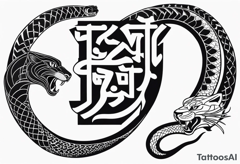 A snake and a panther wrap around the word "vitality" tattoo idea
