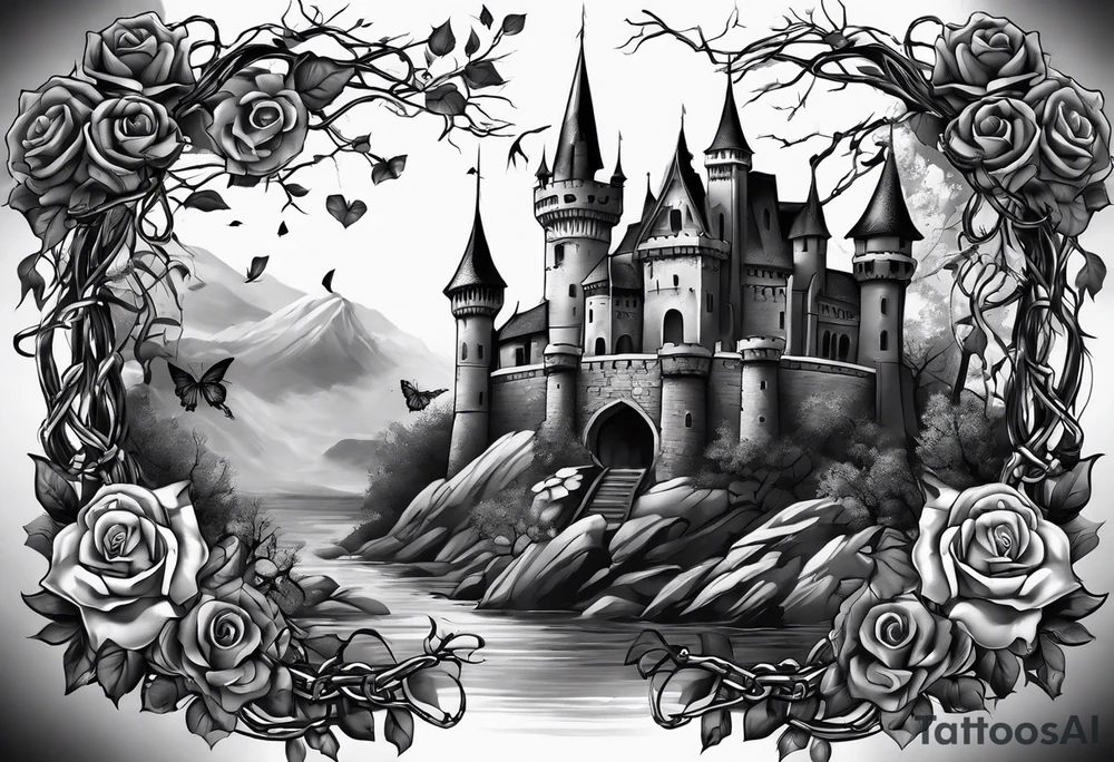 tattoo fool sleeve, dark gothic castle, tree roots break out of the chains, broken mask, girl, roses tattoo idea