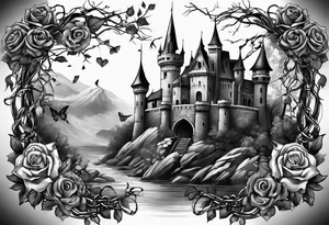 tattoo fool sleeve, dark gothic castle, tree roots break out of the chains, broken mask, girl, roses tattoo idea