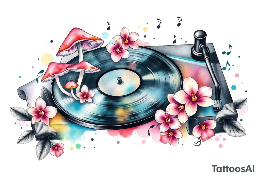 vinyl record player with mushrooms, orchids, and music notes around it tattoo idea