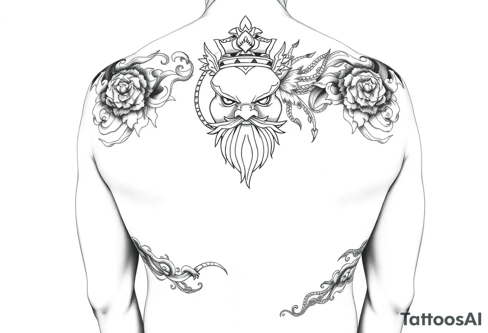 I want to design a design from the back to the back thighs of an adult. The theme is the Chinese Emperor Shennong. The style is black and white neo-traditional. The Emperor Shennong is a Chinese god who mainly blesses farmers with a good harvest and a smooth planting. tattoo idea