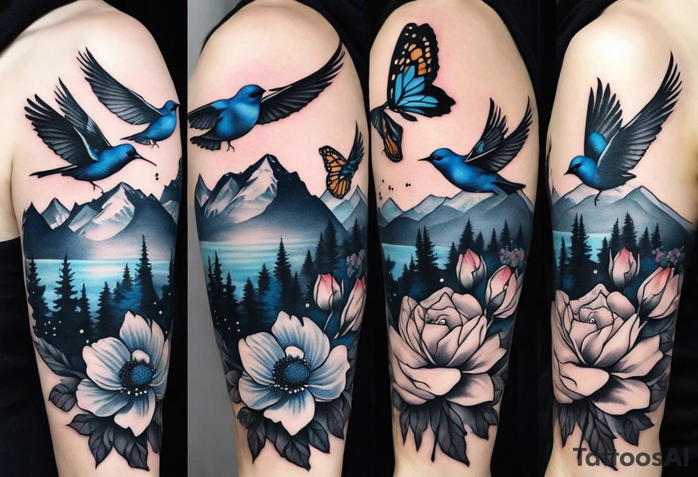 Rocky mountains with mountain blue birds and monarch butterflies with wild prairie roses  for a half sleeve tattoo idea