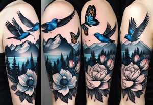 Rocky mountains with mountain blue birds and monarch butterflies with wild prairie roses  for a half sleeve tattoo idea