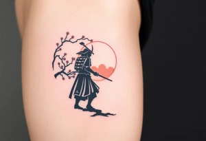 noble samurai warrior silhouette at sunset with cherry blossoms tattoo idea