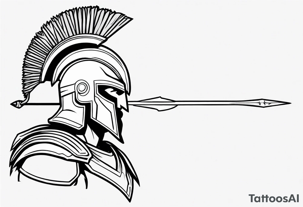 rectangular landscape format ultra-fine line linework vector of a spartan from the side, spartan spear, spartan shield, laurel wreath tattoo idea