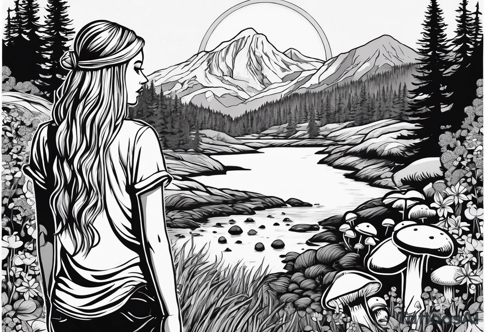 Whole picture encircled fully

Straight long blonde hair hippie girl in distance holding mushrooms in hand facing away toward mountains and creek surrounded by mushrooms tee shirt and hiking pants; whole rendering within a full circle, no cut off circle tattoo idea