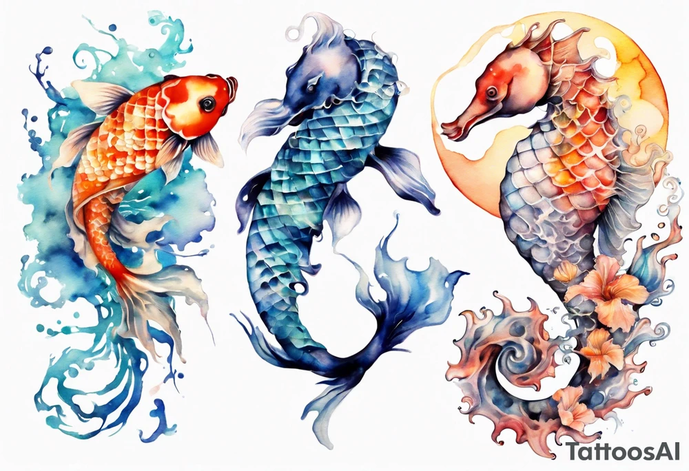 koi carp, jellyfish and a seahorse with the moon tattoo idea