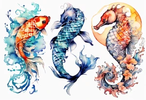 koi carp, jellyfish and a seahorse with the moon tattoo idea