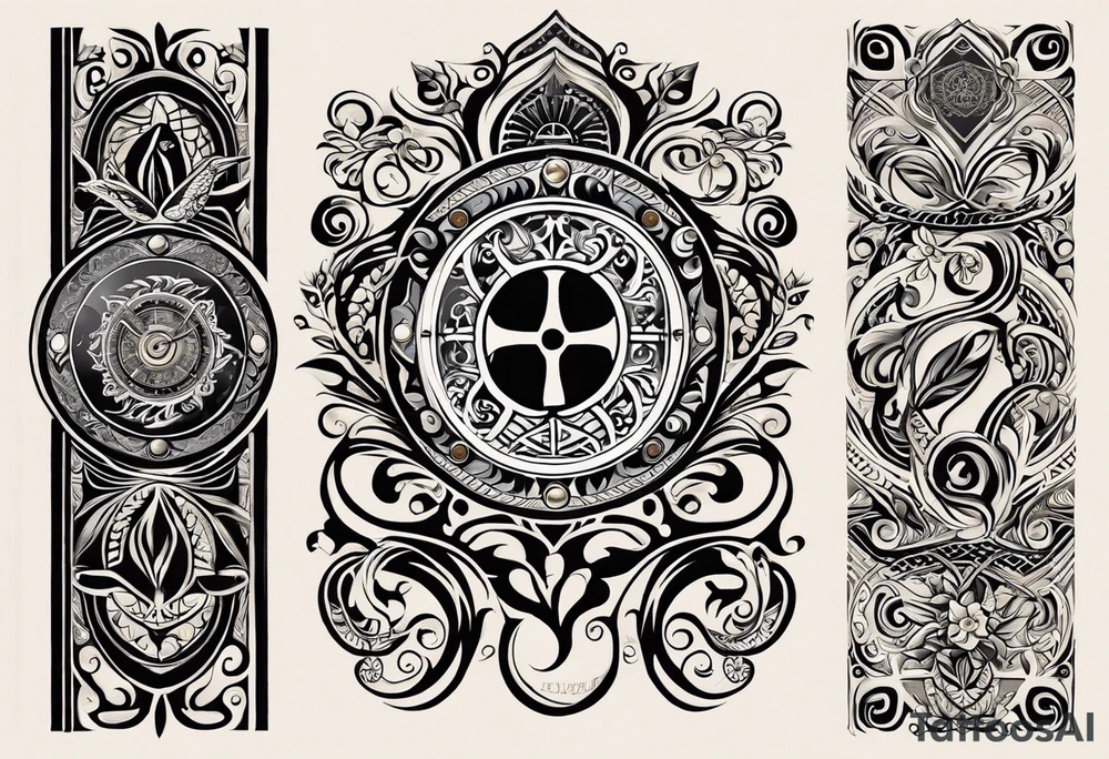 Craft a tribal Maori tattoo design seamlessly integrating the tree of life, a doctor bird, lignum vitae flowers, a nautical compass, and an old-school pocket watch. The design should flow from the arm to the chest, emphasizing equal importance for each element. Utilize traditional Maori patterns and symbolism to convey meaningful representation of these elements within the design, executed in a black and grey color scheme tattoo idea